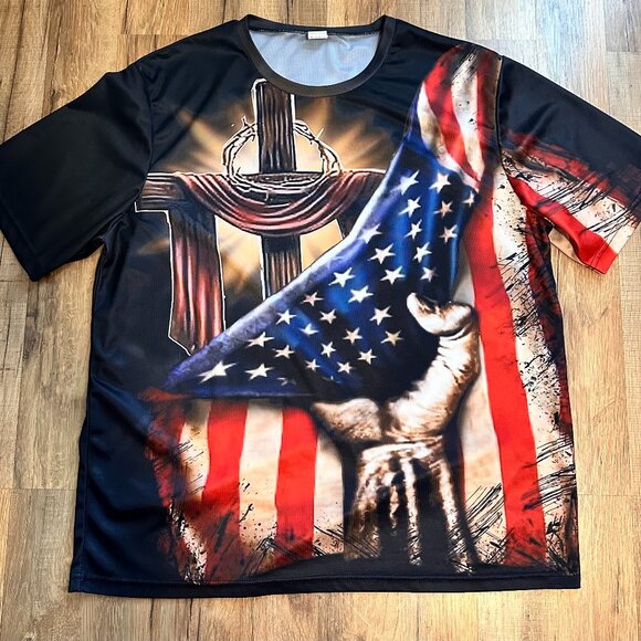 Christian Patriotic Graphic T-Shirt Jesus Cross American Flag Short Sleeve XXL - Picture 1 of 6